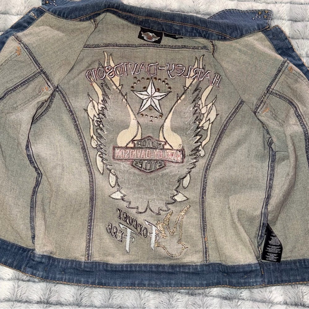 Harley-Davidson Vintage Denim Embroidered Jacket Womens Size L Eagle Studded - Picture 10 of 14